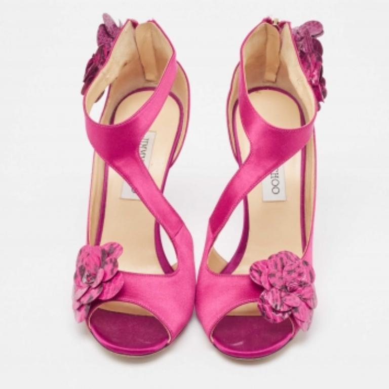 Jimmy Choo Pink Satin and Python Flower Applique Sandals Size 39.5 For Sale 1