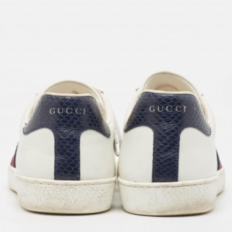 Gucci White/Navy Blue Leather and Python Embossed Ace Sneakers Size 46.5 Pour hommes en vente