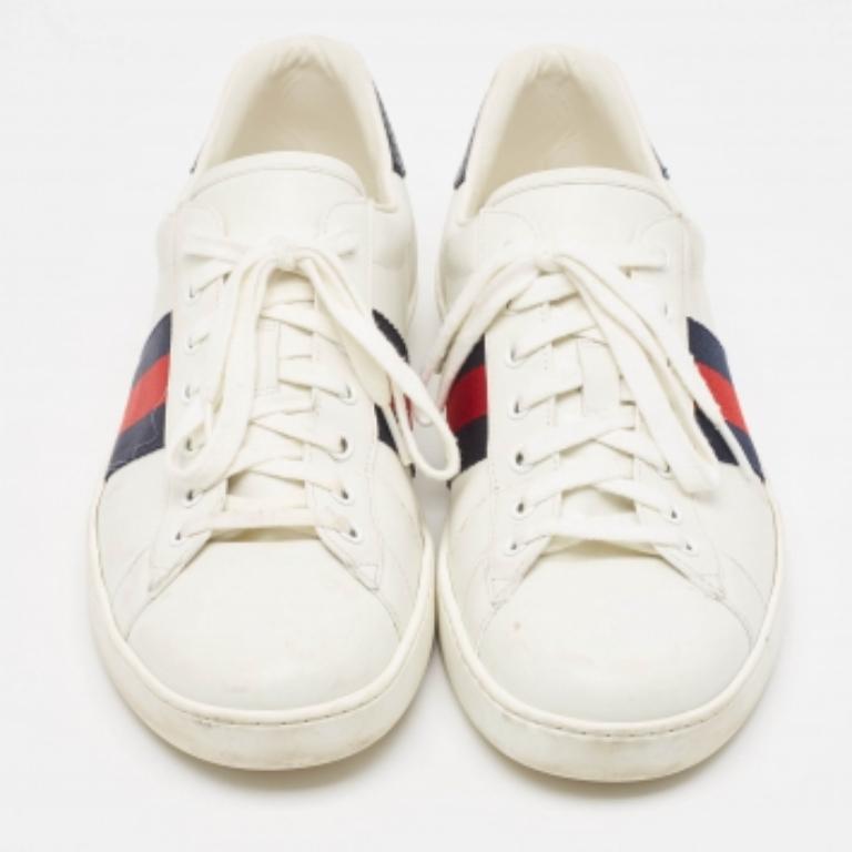 Gucci White/Navy Blue Leather and Python Embossed Ace Sneakers Size 46.5 en vente 1