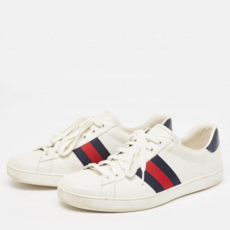Gucci White/Navy Blue Leather and Python Embossed Ace Sneakers Size 46.5 en vente 3