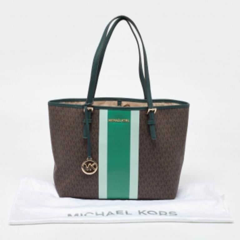 Fourre-tout en cuir et toile enduite Signature Brown/Green de Michael Kors en vente 2