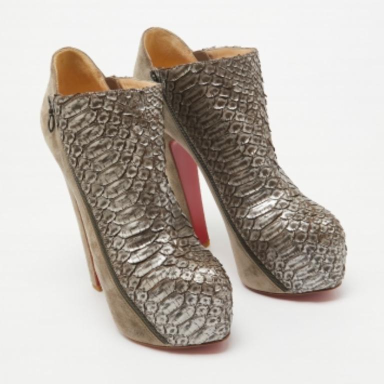 Women's Christian Louboutin Metallic Python and Suede 4A Booties Size 38.5 For Sale