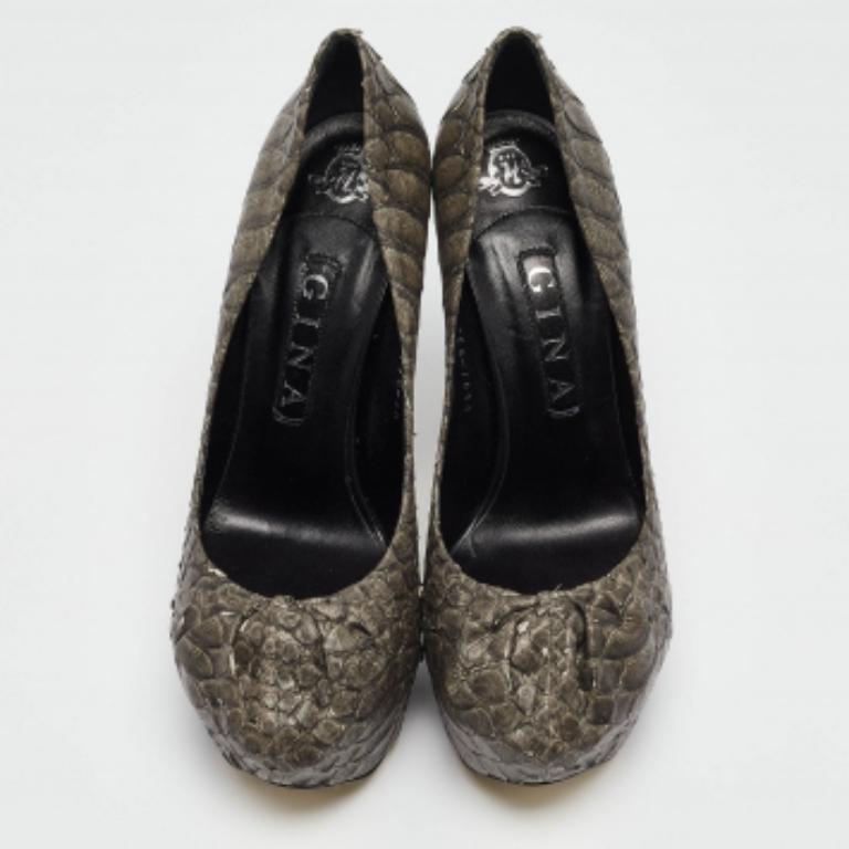 Gina Escarpins à plateforme Elle en cuir python gris foncé Taille 39.5 en vente 2