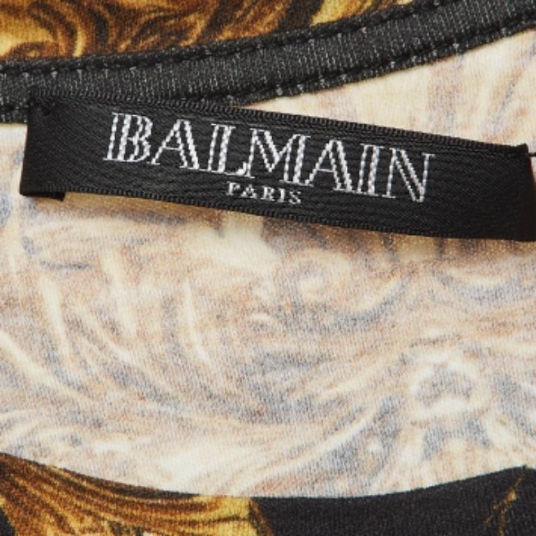 Nero Balmain Maglietta senza maniche in jersey stampato nero/giallo M. T. I. in vendita