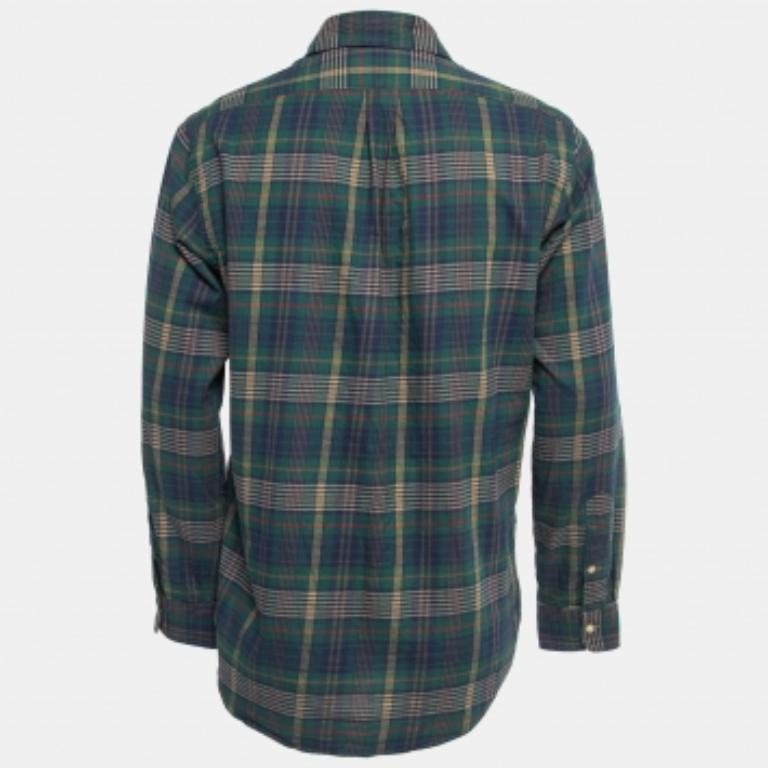 Uomo Polo Ralph Lauren Verde/Blu Plaid in cotone con bottoni e manica intera M. in vendita