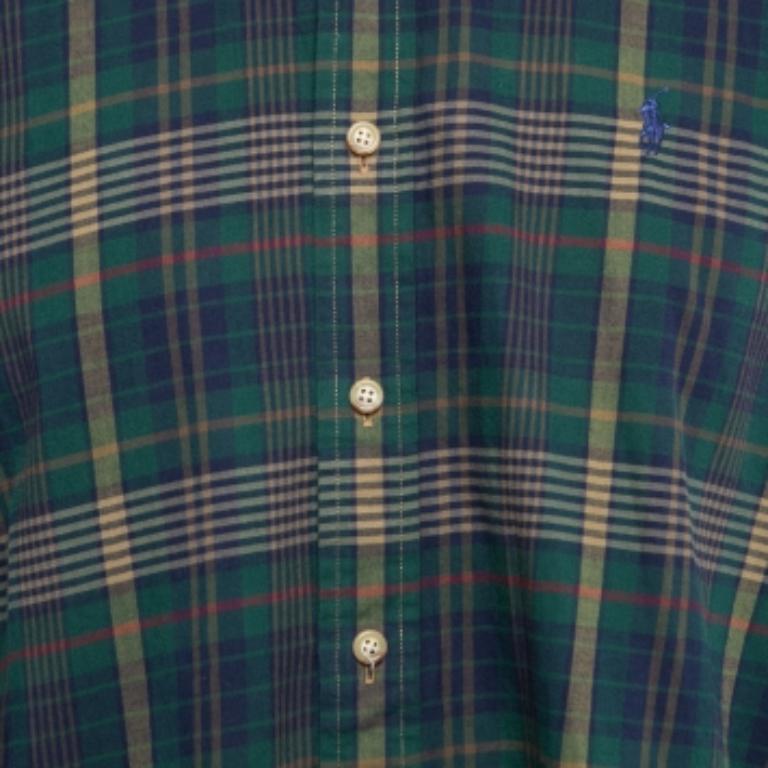 Polo Ralph Lauren Verde/Blu Plaid in cotone con bottoni e manica intera M. In condizioni buone in vendita a Dubai, Al Qouz 2