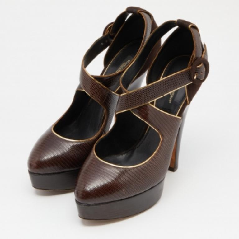 Dolce & Gabbana Embossed Lizard & Suede Cross Ankle Strap Platform Pumps Size 39 In Good Condition For Sale In Dubai, Al Qouz 2