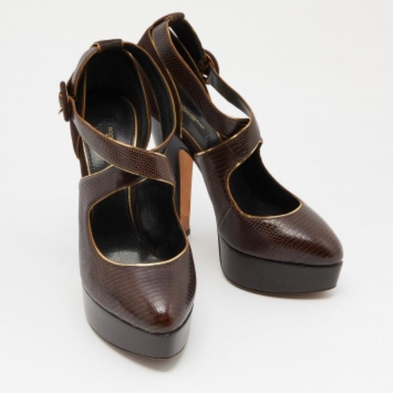 Dolce & Gabbana Embossed Lizard & Suede Cross Ankle Strap Platform Pumps Size 39 For Sale 2
