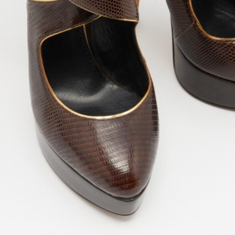 Dolce & Gabbana Embossed Lizard & Suede Cross Ankle Strap Platform Pumps Size 39 For Sale 1