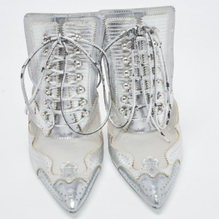 Givenchy Silver Lizard Embossed Leather and Mesh Pointed Toe Mules Size 38 For Sale 1