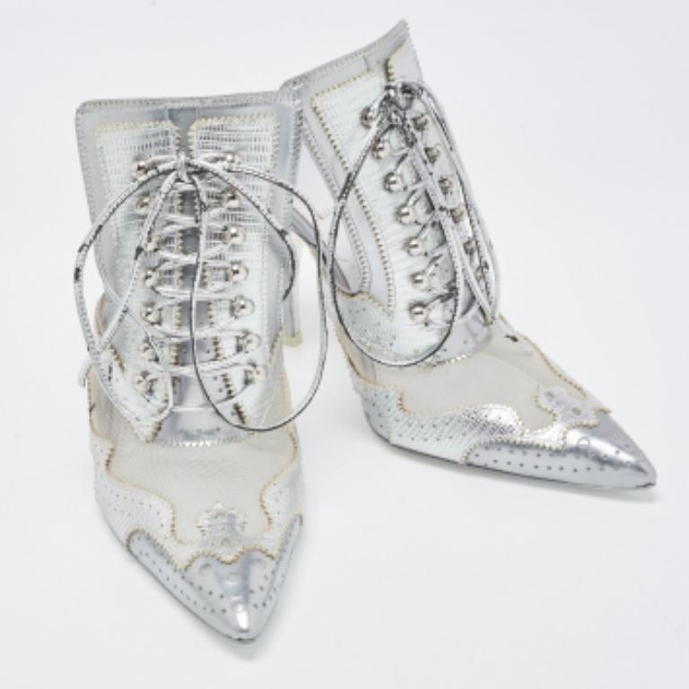 Givenchy Silver Lizard Embossed Leather and Mesh Pointed Toe Mules Size 38 For Sale 2