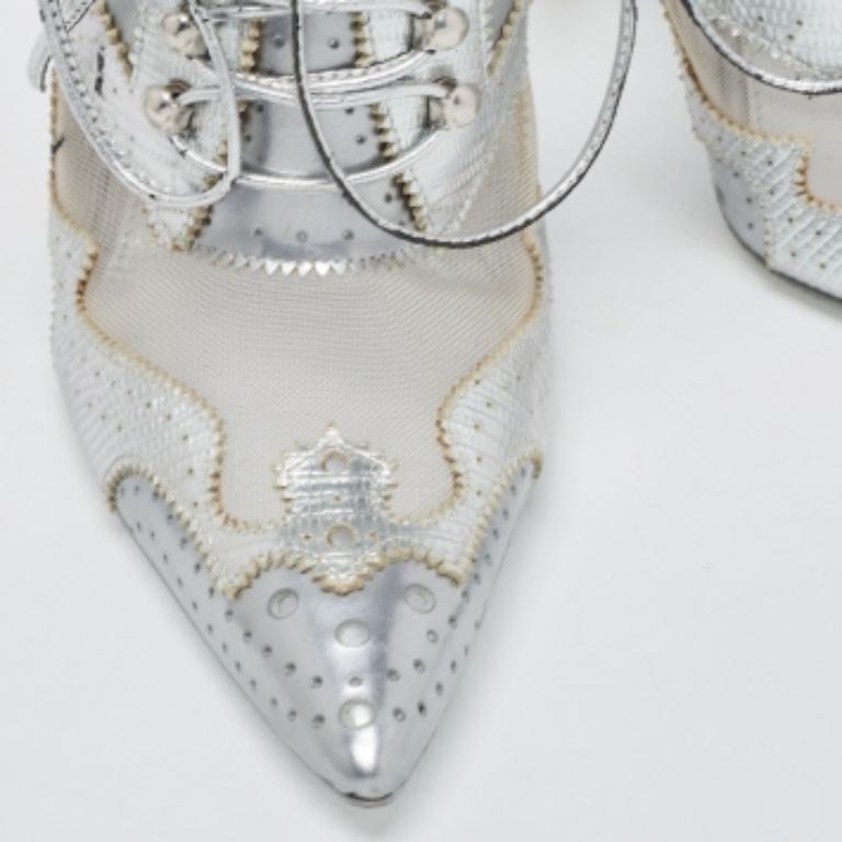 Givenchy Silver Lizard Embossed Leather and Mesh Pointed Toe Mules Size 38 For Sale 3
