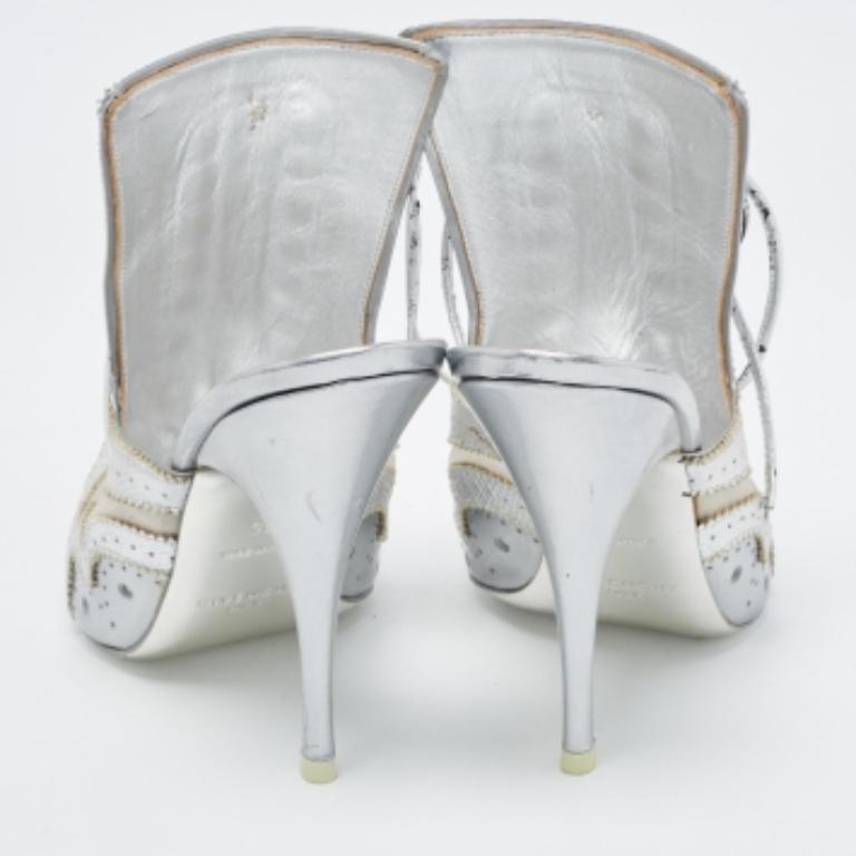 Givenchy Silver Lizard Embossed Leather and Mesh Pointed Toe Mules Size 38 For Sale 5