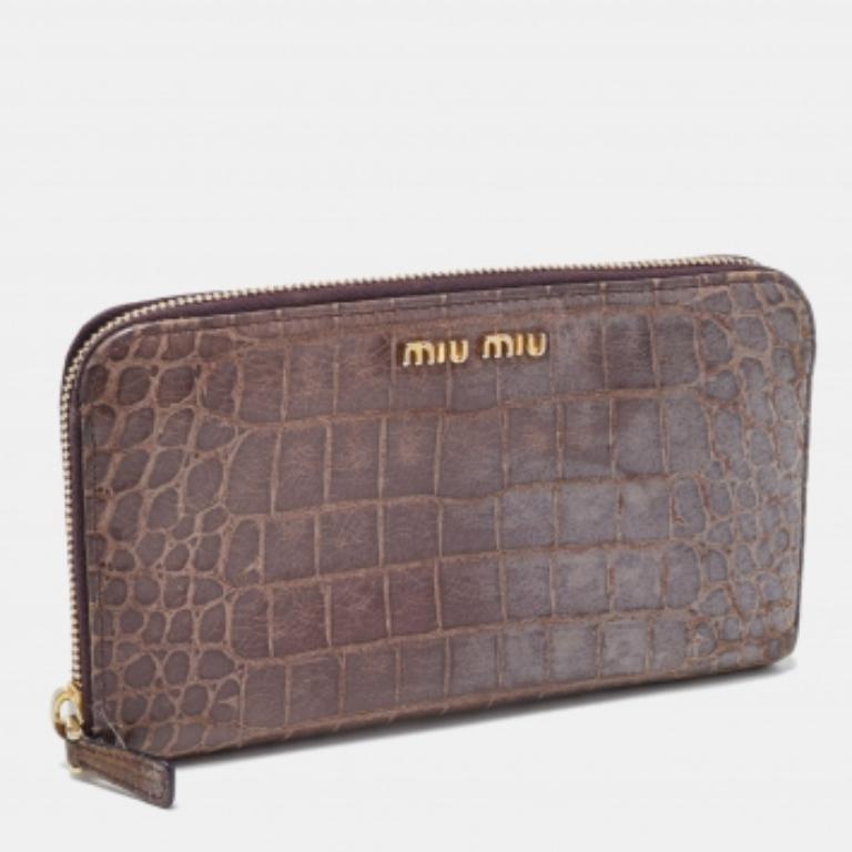 Miu Miu Mauve Lila Croc geprägte glasierte Leder Zip um Continenal Geldbörse im Angebot 5