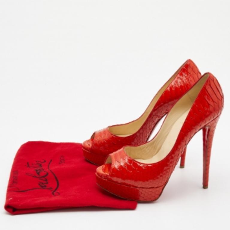 Christian Louboutin Orange Python Lady Peep Pumps Größe 39.5 im Zustand „Gut“ im Angebot in Dubai, Al Qouz 2