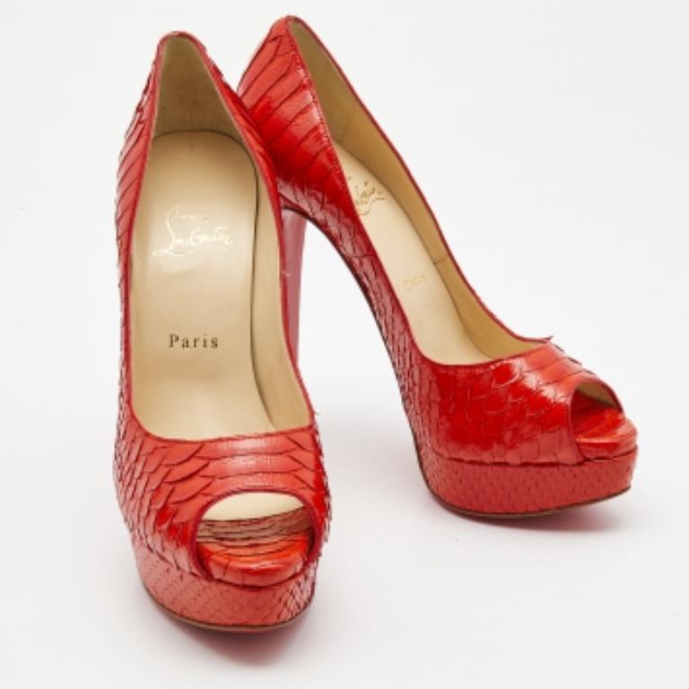 Christian Louboutin Orange Python Lady Peep Pumps Größe 39.5 (Rot) im Angebot