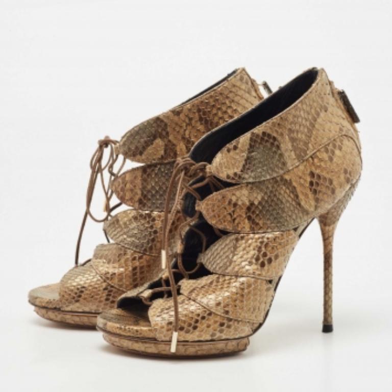 Marron Gucci Metallic Python Open Open Toe Ankle Boots Size 36.5 en vente