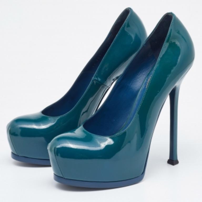 Bleu Saint Laurent escarpins à plateforme Tribtoo en cuir verni bleu, taille 40 en vente