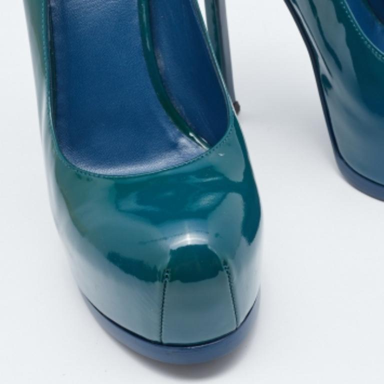 Saint Laurent escarpins à plateforme Tribtoo en cuir verni bleu, taille 40 en vente 1