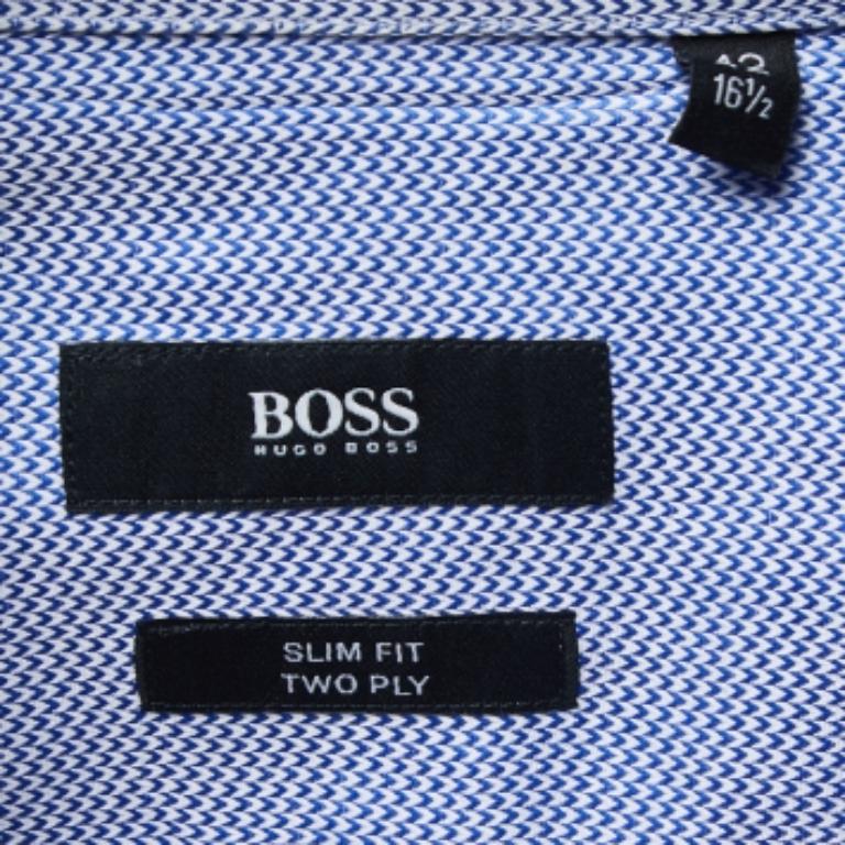 Boss By Hugo Boss Camisa de manga larga ajustada de algodón azul estampado XL Azul en venta