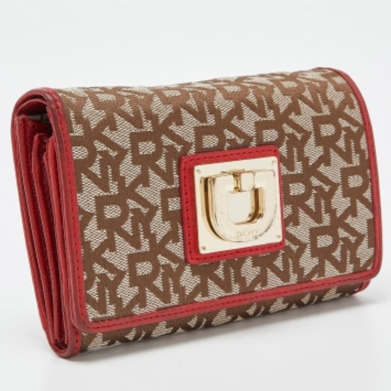 Portafoglio francese in tela e pelle DKNY beige/rosso firmato in vendita 5