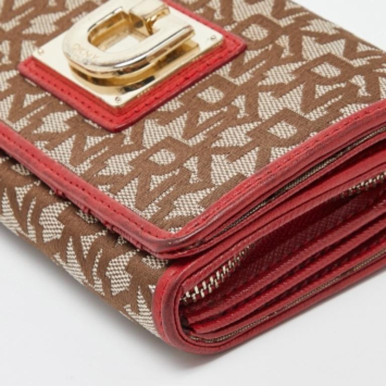 Portafoglio francese in tela e pelle DKNY beige/rosso firmato in vendita 4
