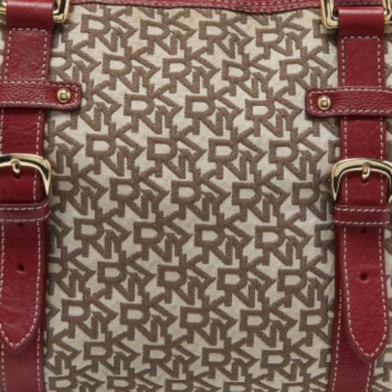 Tote con zip in tela e pelle firmata Dkny beige/rossa in vendita 2