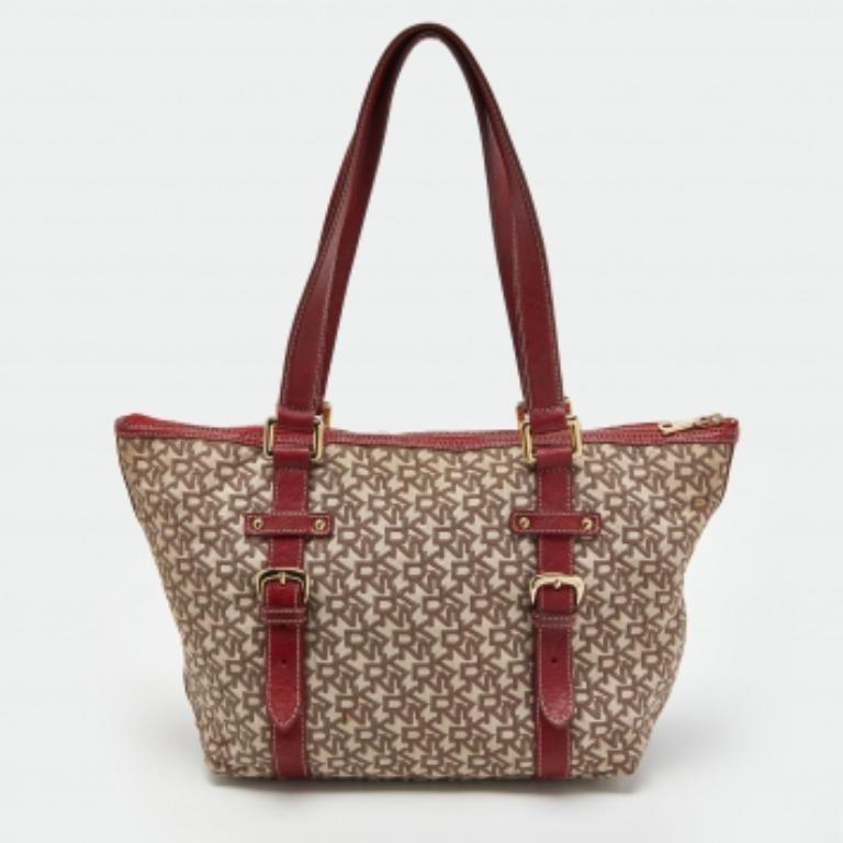 Tote con zip in tela e pelle firmata Dkny beige/rossa in vendita 4