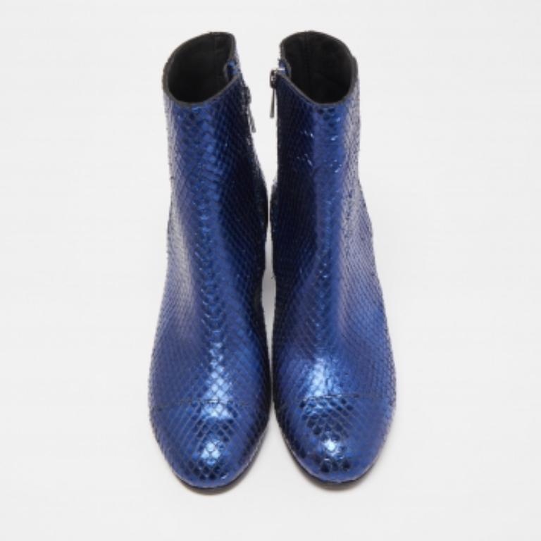 Zadig & Voltaire Bottines à talons blocs en cuir embossé python bleu taille 36 en vente 2