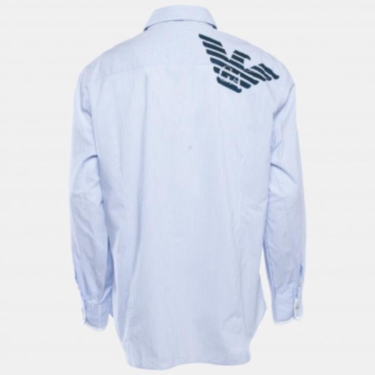 Emporio Armani Camicia a maniche intere in cotone blu a righe XXL in vendita 1