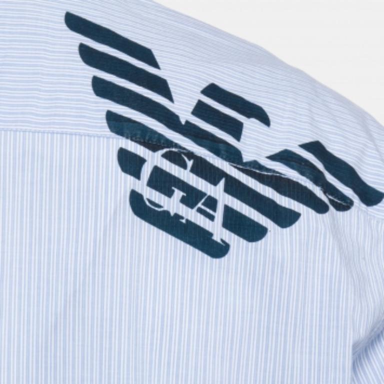 Emporio Armani Camicia a maniche intere in cotone blu a righe XXL in vendita 2