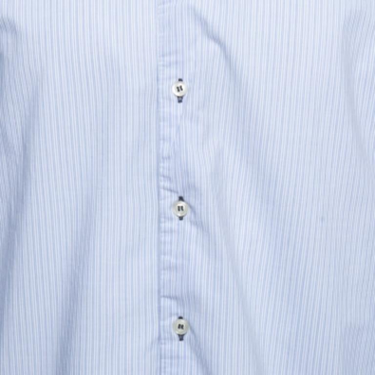 Emporio Armani Camicia a maniche intere in cotone blu a righe XXL in vendita 3