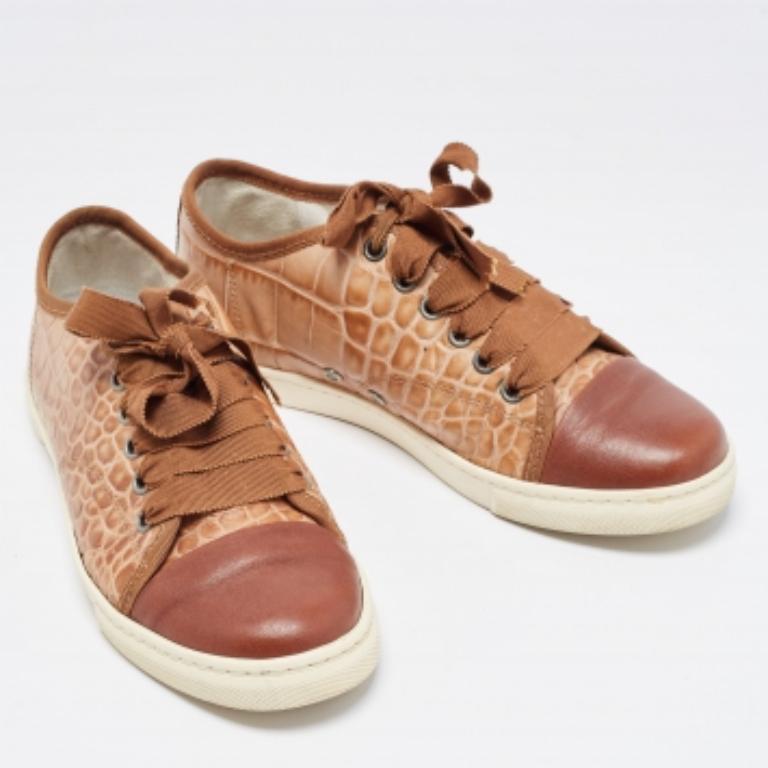 De las mujeres Lanvin Zapatillas de cordones de piel marrón con relieve de cocodrilo talla 36 en venta
