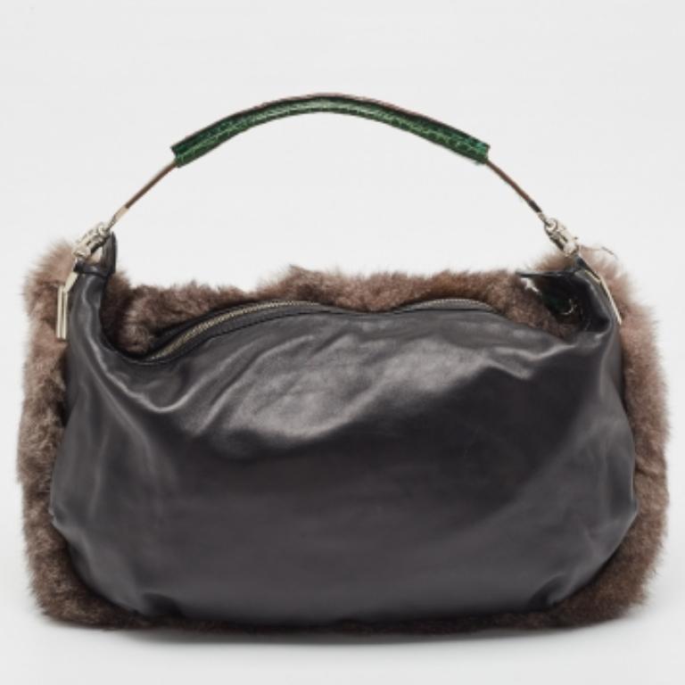 Gianfranco Ferre Negro/Verde Hobo de piel de conejo, cocodrilo y cuero con cremallera en venta 6