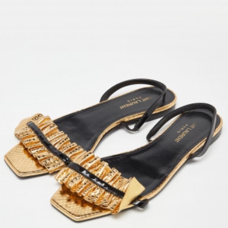 Brown Saint Laurent Gold Python Embossed Leather Edie Slingback Flat Sandals Size 39 For Sale