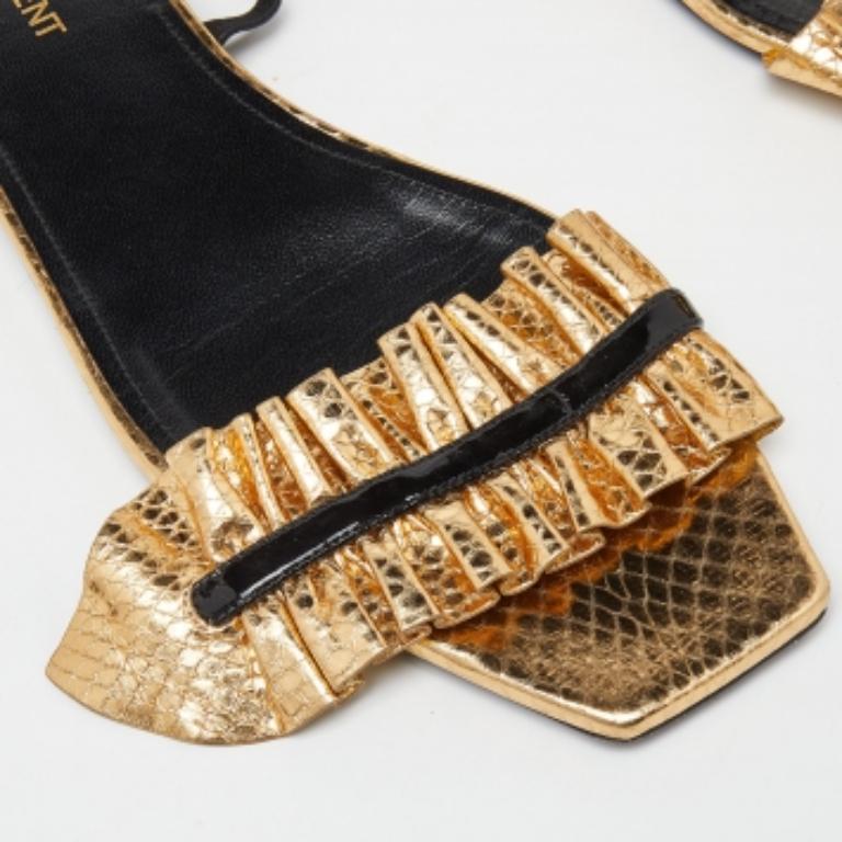 Women's Saint Laurent Gold Python Embossed Leather Edie Slingback Flat Sandals Size 39 For Sale