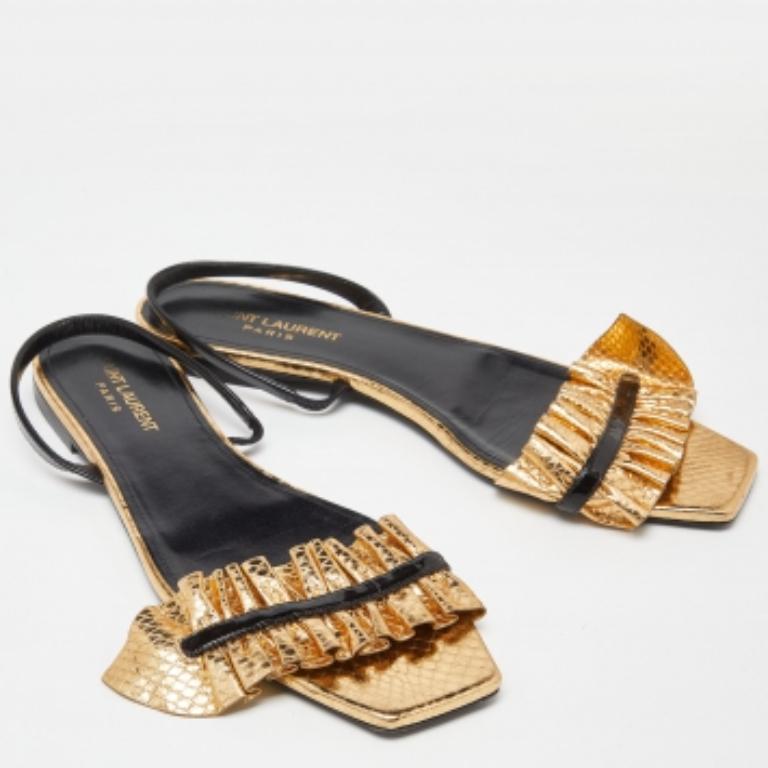 Saint Laurent Gold Python Embossed Leather Edie Slingback Flat Sandals Size 39 For Sale 1