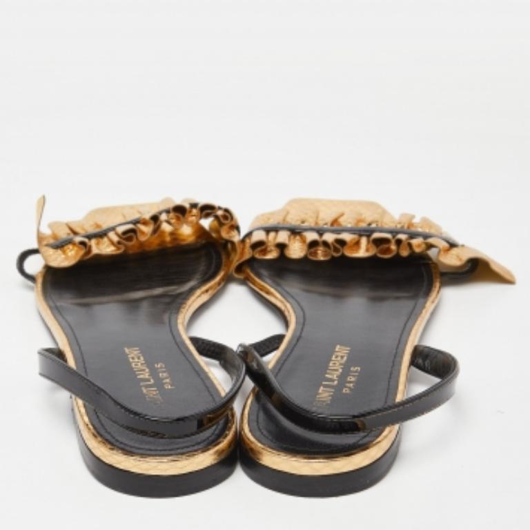 Saint Laurent Gold Python Embossed Leather Edie Slingback Flat Sandals Size 39 For Sale 2