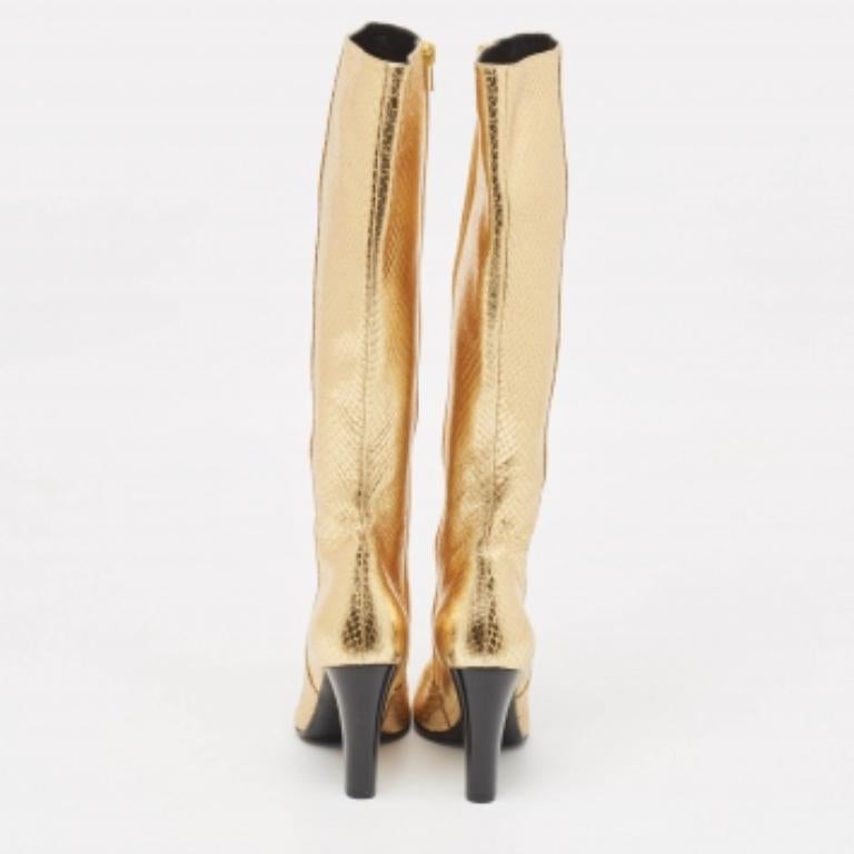 Saint Laurent Gold Python Embossed Leather Lily Knee Length Boots Size 35 For Sale 1