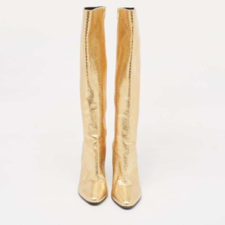 Saint Laurent Gold Python Embossed Leather Lily Knee Length Boots Size 35 For Sale 2