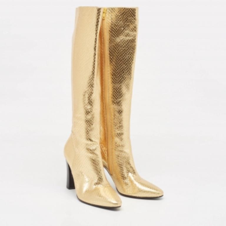 Saint Laurent Gold Python Embossed Leather Lily Knee Length Boots Size 35 For Sale 3