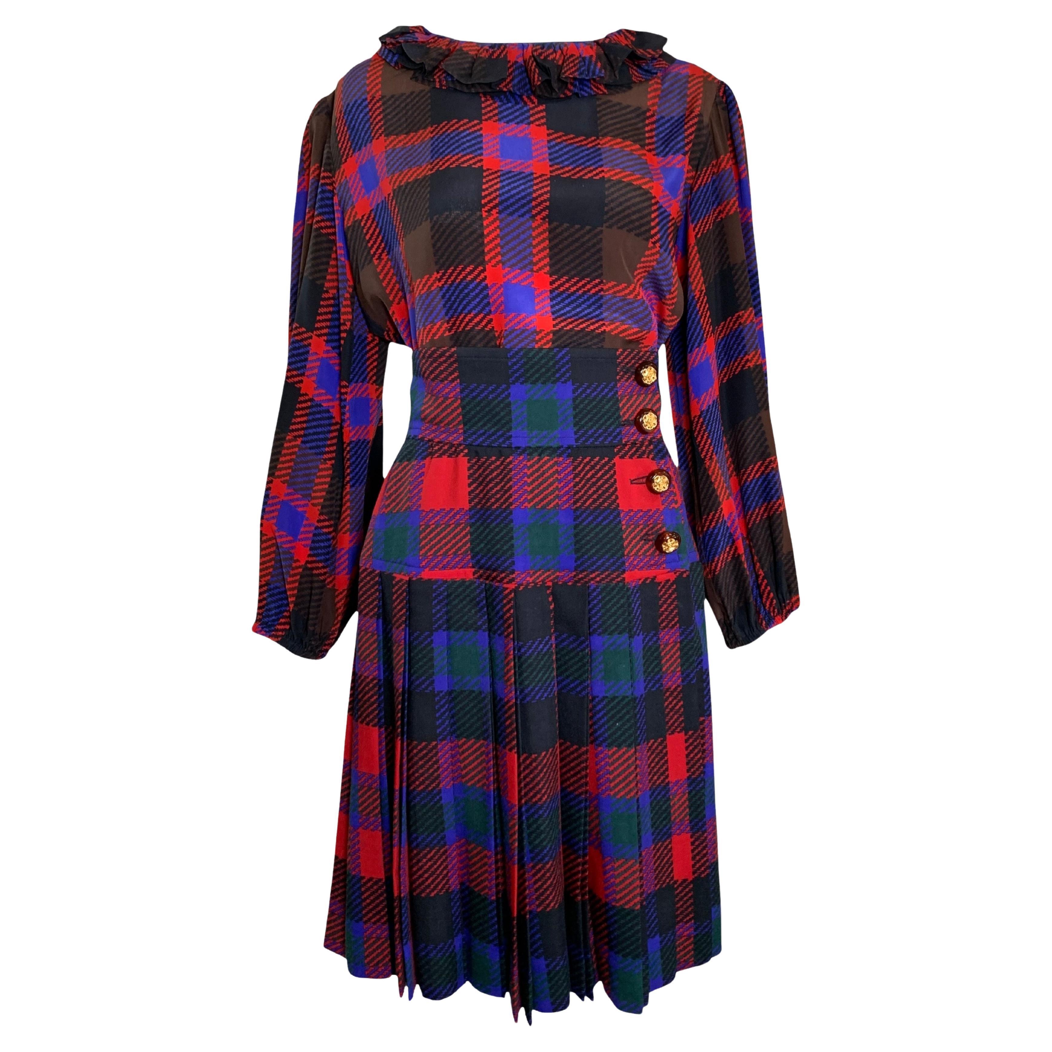 Yves Saint Laurent Rive Gauche Plaid Silk Blouse Pleated Wool Skirt, 1980s