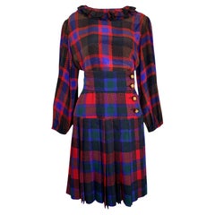 Yves Saint Laurent Rive Gauche Plaid Silk Blouse Pleated Wool Skirt, 1980s