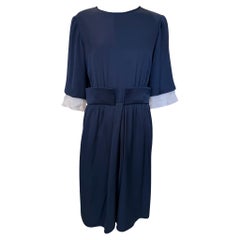 Valentino Couture Classic Navy Blue Silk Twill Dress, 1980s