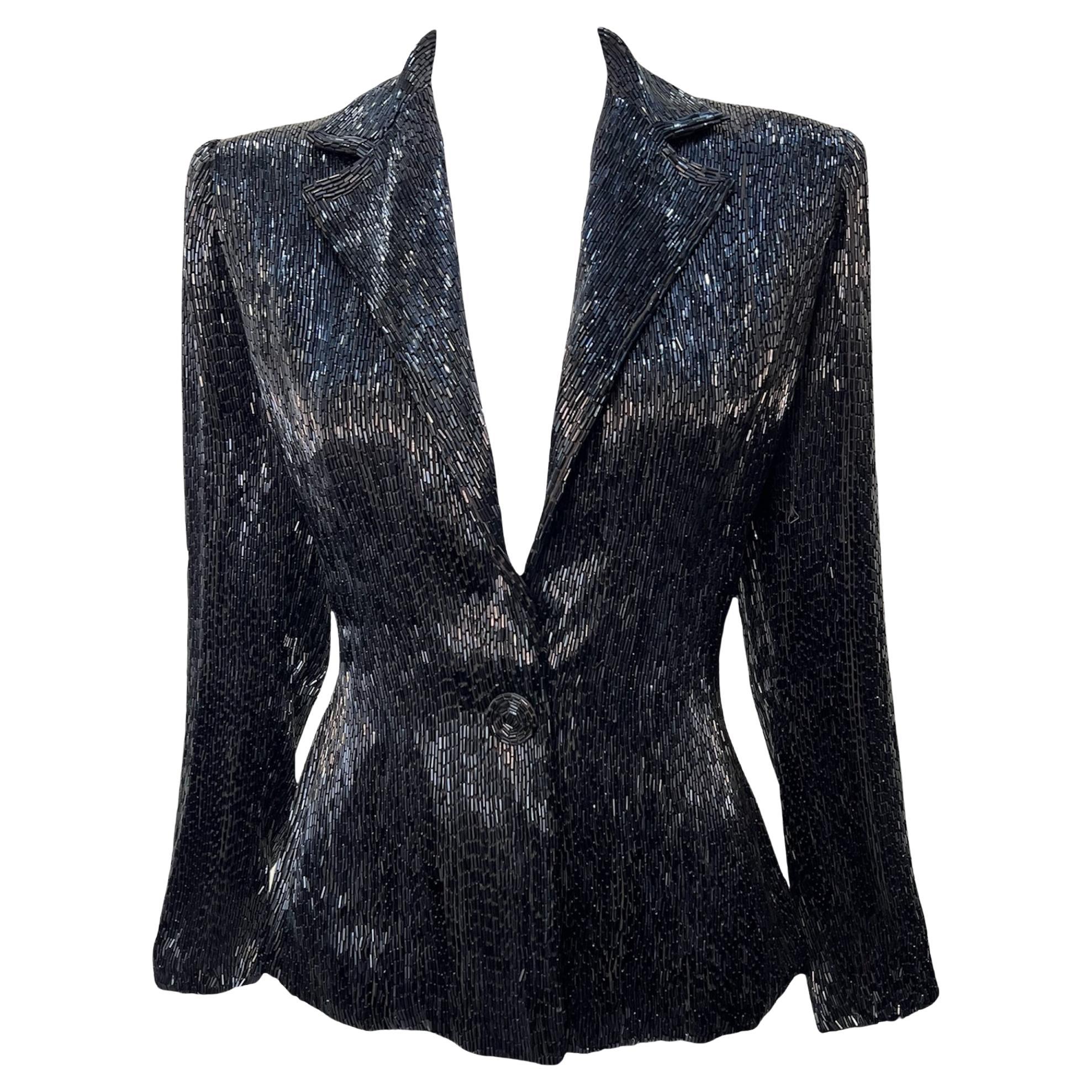 Jet Black Solid Bugle Beaded Evening Blazer Jacket, 1940er Jahre im Angebot