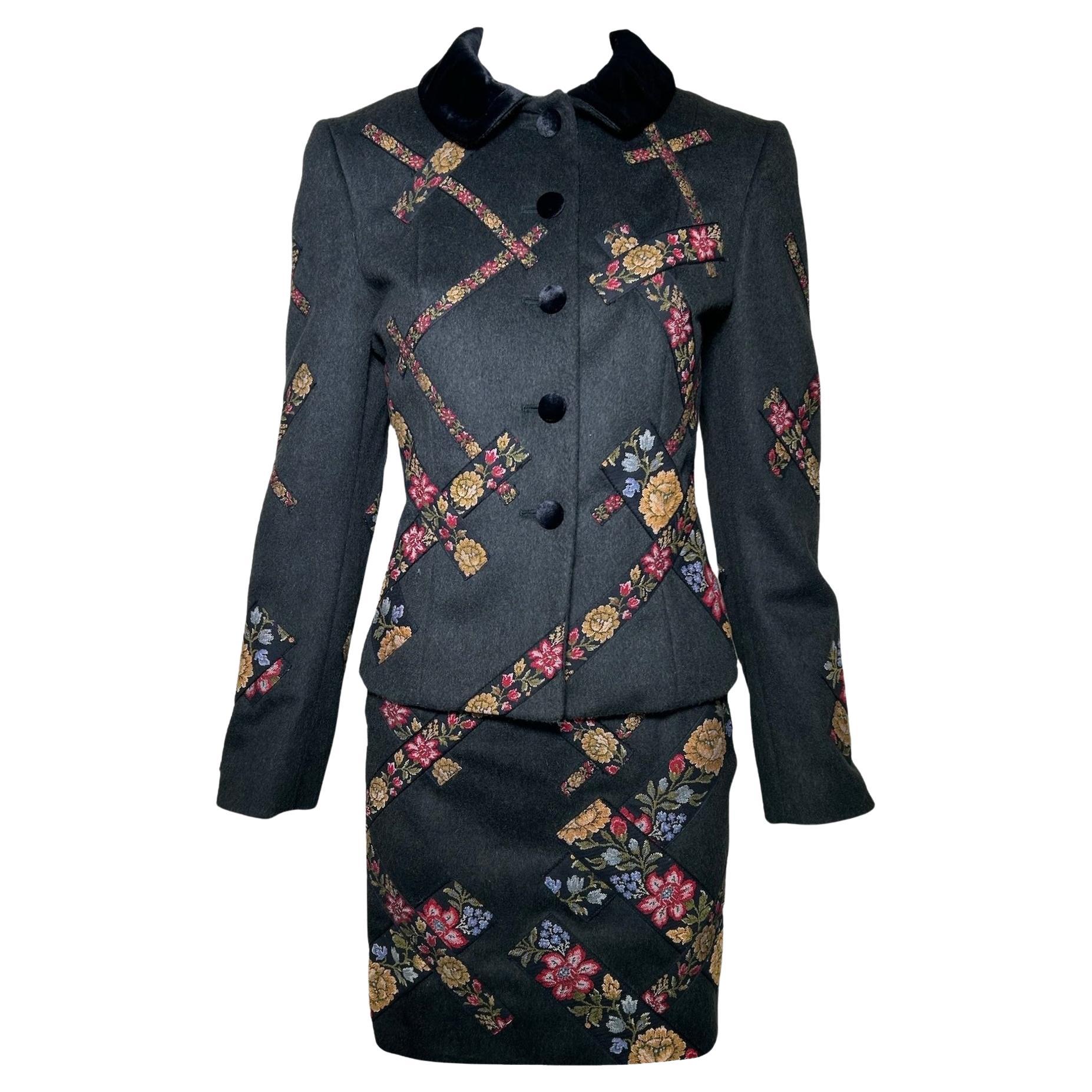 Moschino Cheap and Chic 1990's Wool Suit Ensemble Floral Trim