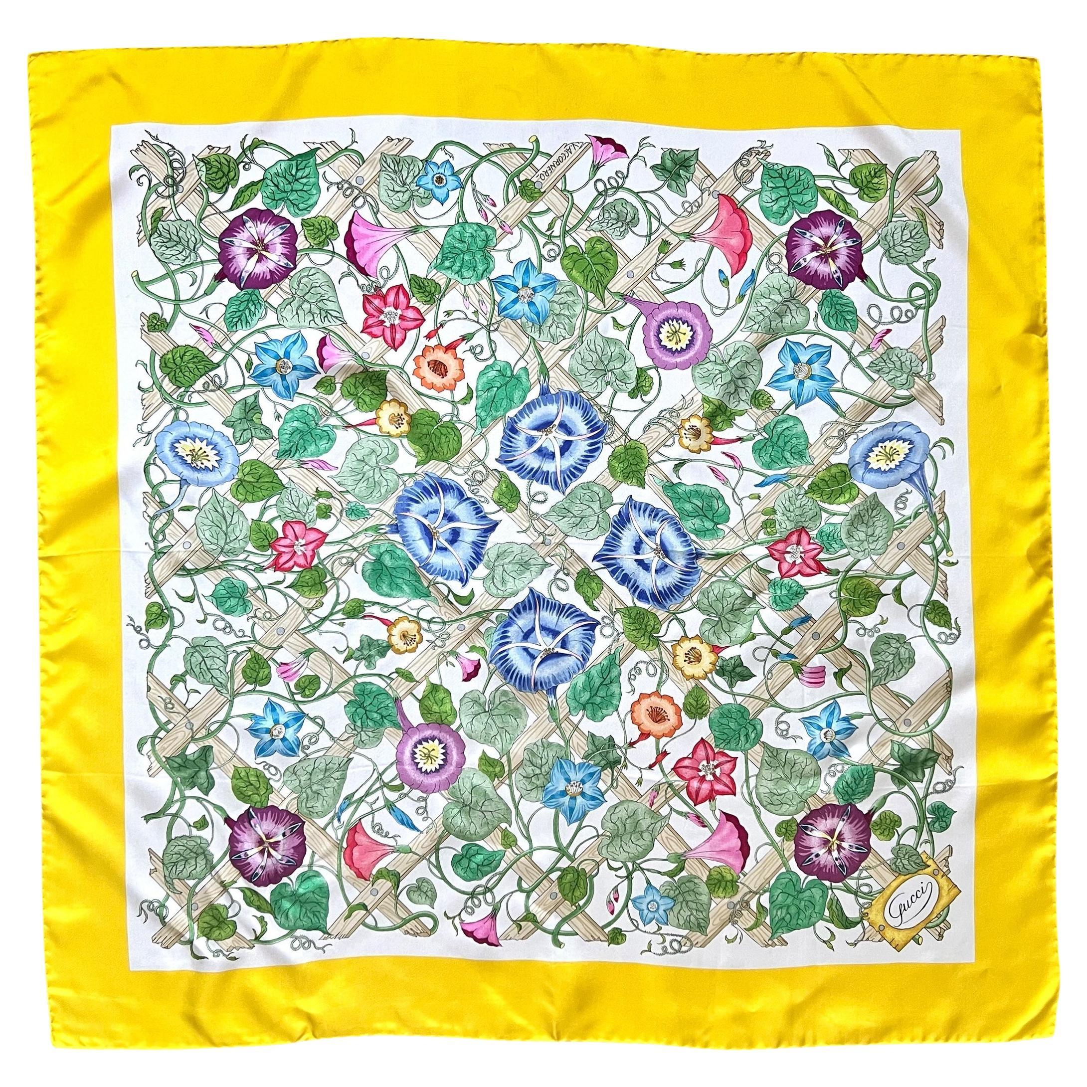 Gucci Iconic Yellow Border Lattice Floral Printed Square Silk Scarf