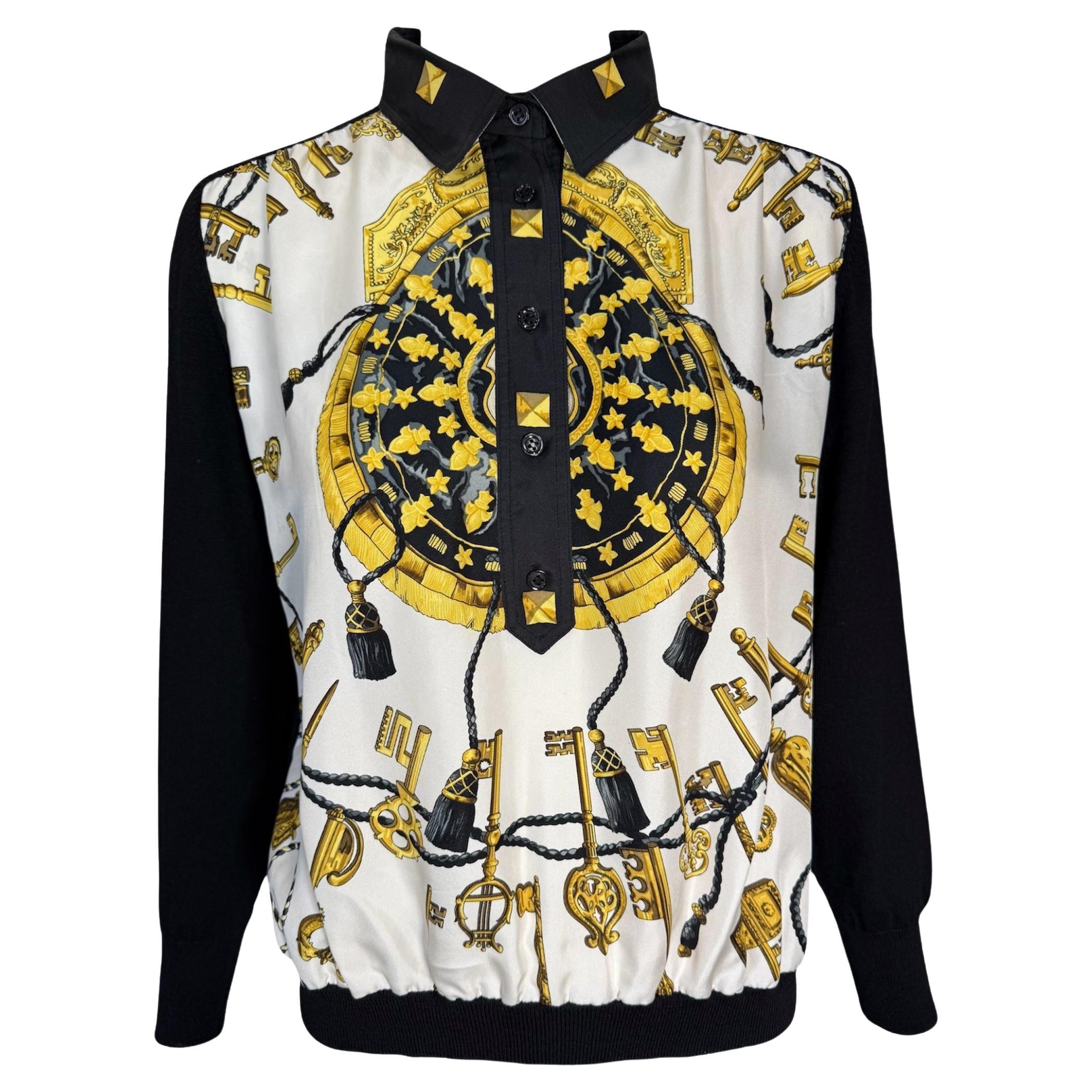 HERMES PARIS “Les Cles” Printed Silk Scarf Wool Sweater, 1980s