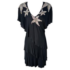 Holly's Harp Black Rayon Jersey Tiered Dress with Sequin, 1970s