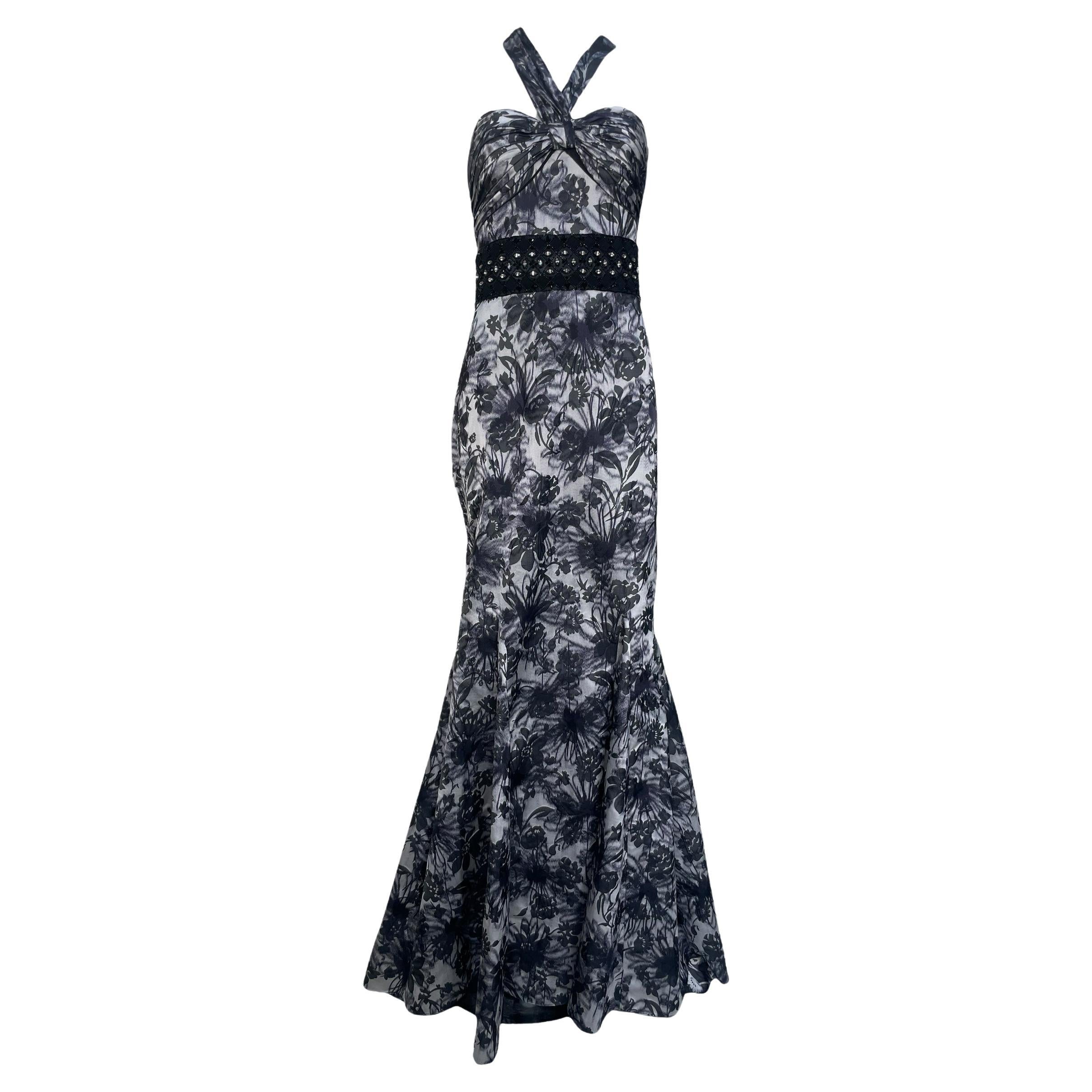Lorena Sarbu Black & White Warped Floral Silk Halter Neck Gown, 2000s
